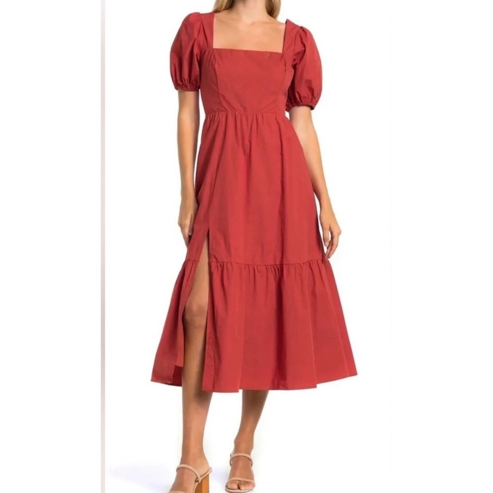 ASTR The Label Brick Puff Sleeve Midi Dress‎ Square Neck Tiered Skirt Size L